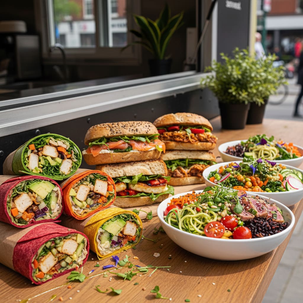 Colorful wraps, sandwiches, and bowls